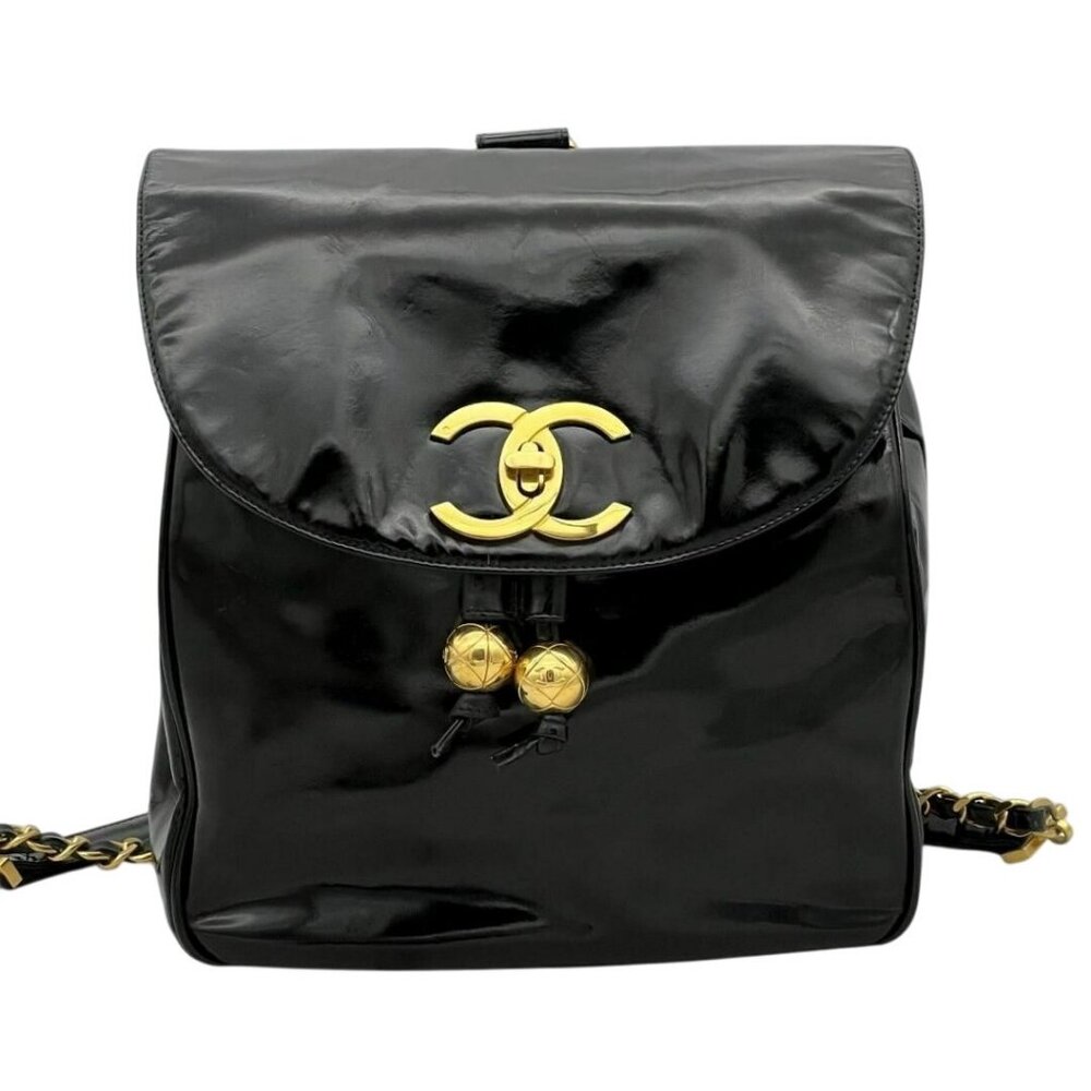 Authentic CHANEL CC Vintage Backpack Bag Patent Leather Black Turnlock Chain
